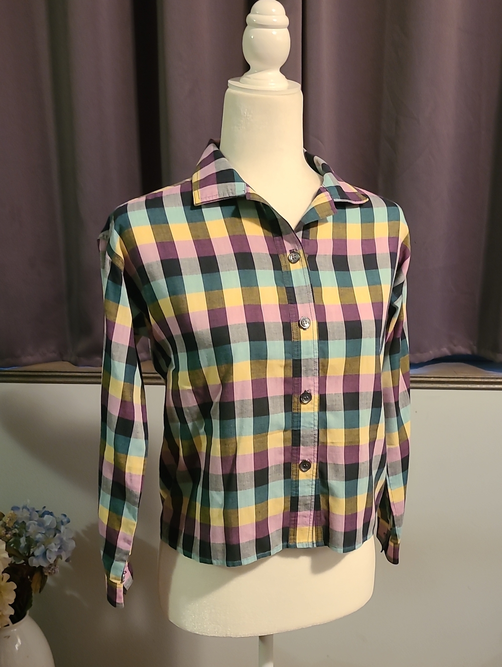 Plaid Button-Up Shirt - Pastel Yellow, Mint & Lavender - Medium